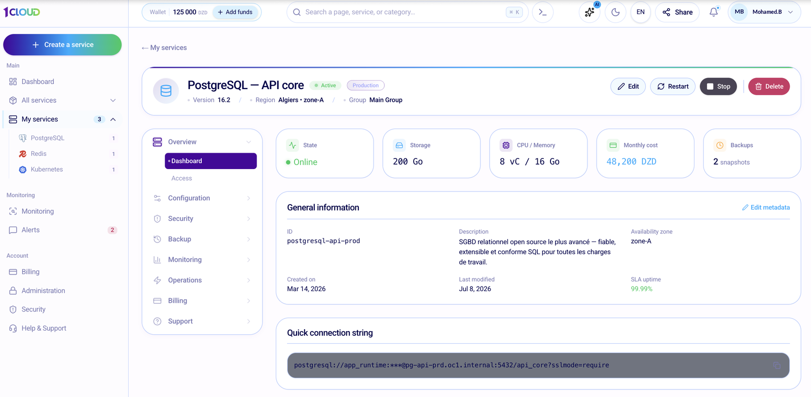 Console web OneCloud, fiche de service PostgreSQL